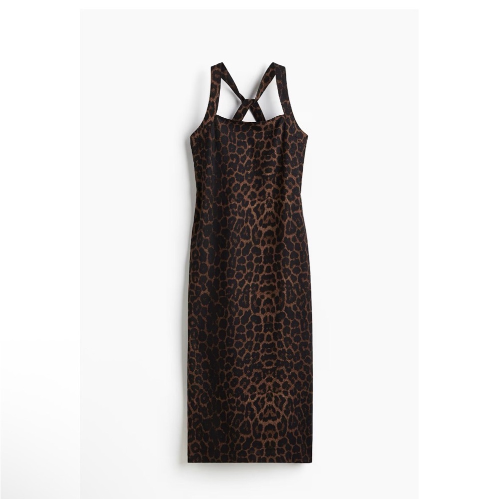 H&M LINEN-BLEND Leopard Print Sleeveless midi Dress size Medium